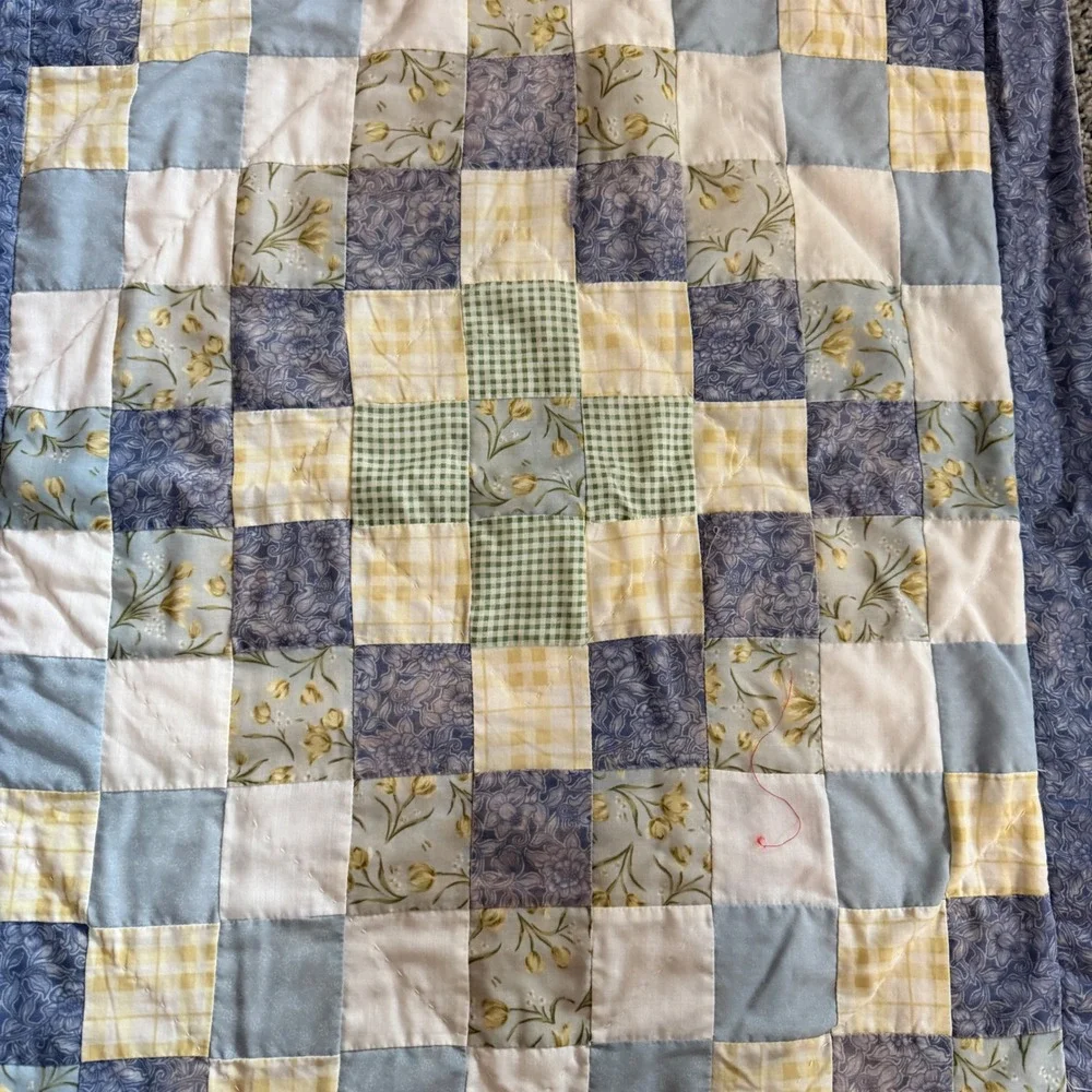 Vintage pillow shams Quilted Set of 2 Blue Yellow Floral Patchwork Cottagecore